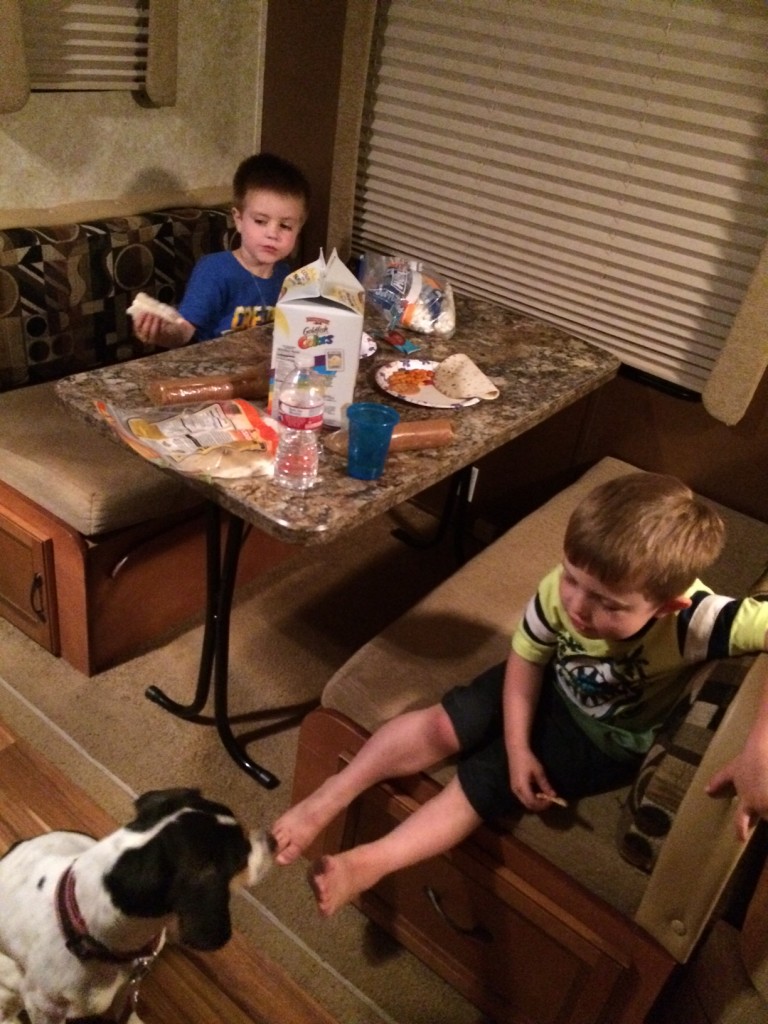 (Yeah the dog went too) Since we got in so late and it took forever to set up the trailer with generator, the kids ended up eating "dinner" way past midnight. They got to choose... not something we normally do, but we just had taken them out of the only life they'd ever known so guilt was playing a big factor here, at least for mom!
