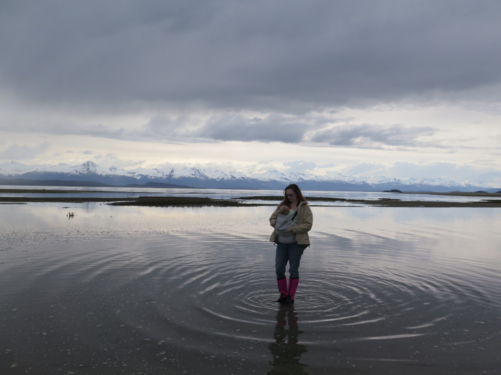 Eagle Beach Juneau Alaska while babywearing in Tula